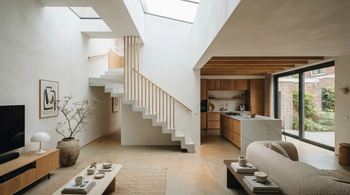 Gerenoveerde woonkamer met betonnen trap, eiken keuken en strak stucwerk